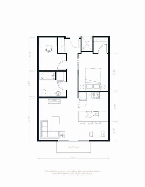 Floor plan for 1 bed, 1 bath, 799 sqft